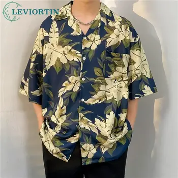 Винтажная Гавайская рубашка с коротким рукавом, мужские Летние Пляжные рубашки на пуговицах с принтом листьев, Модный Повседневный Уличный топ Harajuku 2023 г.