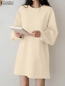 ZANZEA 2024 Модные Длинные свитшоты с длинным рукавом и заниженными плечами, Женское платье-пуловер, однотонные толстовки, Корейский повседневный топ с круглым вырезом