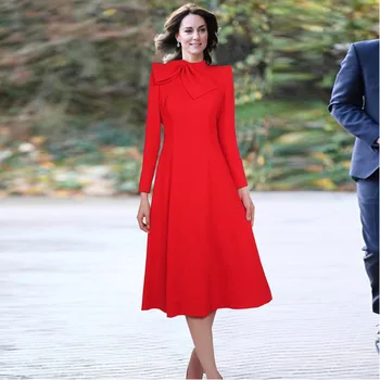 Kate Princess Красное однотонное платье, Элегантные платья трапециевидной формы с длинными рукавами 12051