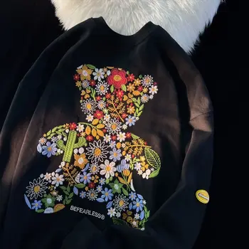 Эстетичный Цветочный Медведь, Роскошная Толстовка с вышивкой, Женский Кавайный пуловер с длинным рукавом, Топы Y2K, Корейские модные Зимние топы.