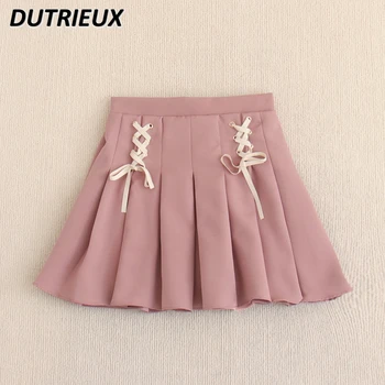 Короткая плиссированная юбка в японском стиле с эластичным поясом и боковым ремешком на подкладке, защищающая от воздействия влаги, для женщин, милая мини-юбка трапециевидной формы
