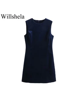 Willshela Женское модное бархатное темно-синее мини-платье на молнии сзади, винтажные женские шикарные платья без рукавов с круглым вырезом