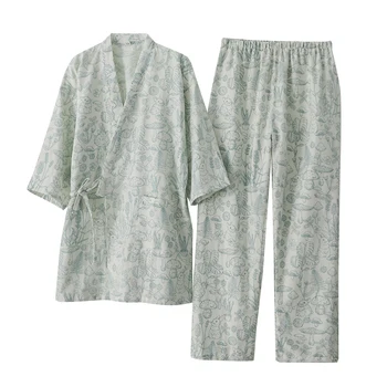 Японские пижамы-Кимоно, женские пижамы из чистой хлопчатобумажной пряжи с мультяшным Кроликом, Брюки с рукавами семь четвертей, домашняя одежда для сна, Тонкая