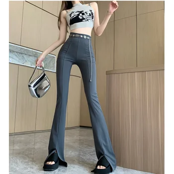 2024 Женские Серые Повседневные брюки, уличная одежда, широкие брюки с высокой талией, Черные Новые Модные женские прямые брюки в стиле Y2K