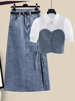 Летние наряды для женщин 2023, Корейская мода, лоскутное шитье с коротким рукавом, комплекты джинсовых юбок из двух частей с разрезом сверху и сбоку