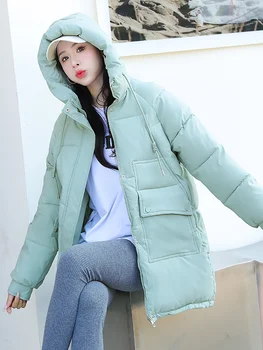2023 Женская пуховая куртка Зимняя в корейском стиле, длинное тонкое пальто на молнии с капюшоном, Парки с хлопковой подкладкой, одежда Женская верхняя одежда