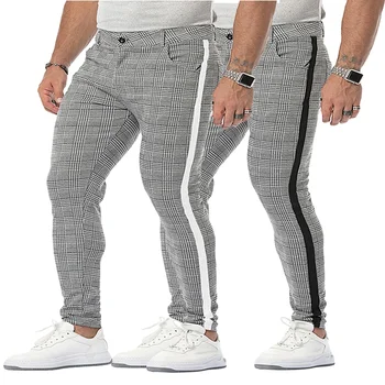 Мужские брюки для повседневной носки, модные повседневные брюки, облегающие брюки, клетчатые брюки с боковой полосой