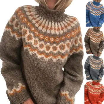 Женский вязаный жаккардовый свитер, пуловер с высоким воротом, свободного кроя, новинка, осень и зима