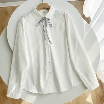 Милая рубашка в стиле лолиты, большие размеры, женские топы, осень-зима, японский y2k, элегантный дизайн, длинный рукав, 100% хлопок, белые блузки с бантом