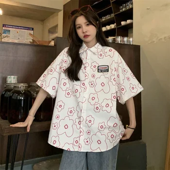 EBAIHUI Kawaii Рубашка Женская Мода 2023 Лето Цветочный Принт Блузка Женская С Коротким Рукавом Свободная Повседневная Одежда В Корейском Стиле
