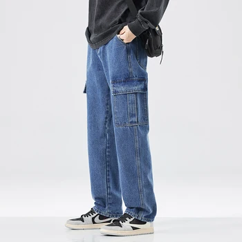Мужские джинсы свободного кроя с прямой трубкой на хай-стрит в Европе и Америке, универсальные мужские брюки для работы в корейской моде.