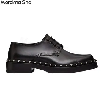Черные кожаные туфли с ремешками и заклепками, большой размер, квадратный носок, мелкий вырез, квадратный каблук, деловая официальная мужская обувь