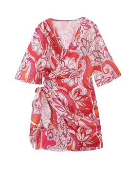 Летнее красное платье с V-образным вырезом и цветочным принтом, женские пляжные мини-платья с рюшами для отдыха
