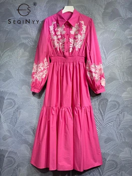 SEQINYY Платье-рубашка из 100% хлопка, лето, весна, новая мода, высококачественная вышивка, цветок, эластичный пояс, Миди, повседневное для женщин
