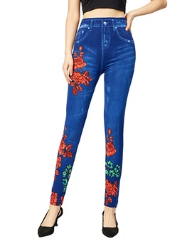 YSDNCHI С накладными карманами, облегающие тренировочные джинсы из искусственного денима, сексуальные брюки-карандаш из искусственного денима, женские Элегантные леггинсы с цветочным принтом спереди и сзади