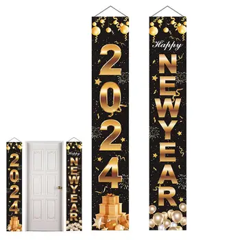 Баннер на входной двери с Новым Годом, черные Золотые флаги, Новогодние украшения для вечеринки, тематический декор для фермерского дома, в помещении