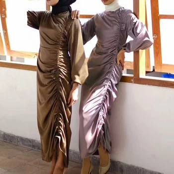 Мусульманское Атласное Платье Абайя в Рамадан, Дубайский Хиджаб, Макси-Платья на Шнурке для Женщин, Элегантная Вечерняя Исламская Одежда, Марокканский Кафтан, Халат