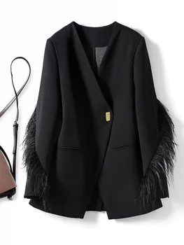 Женский винтажный блейзер с V-образным вырезом и кисточками из перьев, пальто, Черный свободный пиджак, женская меховая верхняя одежда с длинным рукавом