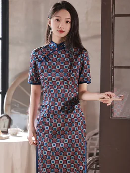 Женское классическое платье Ципао с коротким рукавом в китайском стиле, традиционное винтажное платье-ципао с воротником-стойкой