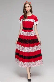 Летнее Модное дизайнерское Красное Винтажное платье в стиле пэчворк, женское платье с круглым вырезом, коротким рукавом, Кружевное платье с высокой талией, Тонкое Длинное платье