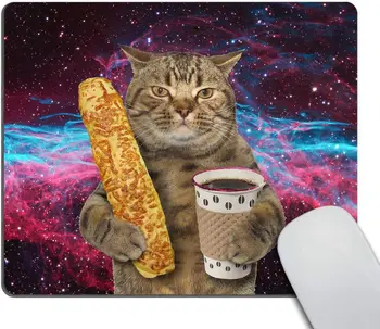 Коврик для мыши с забавным котом В руках У кота чашка черного кофе и багет с нескользящим резиновым ковриком Galaxy Rectangle