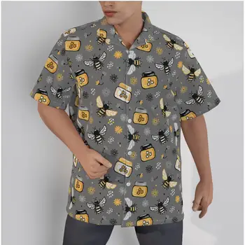 Мужская гавайская рубашка Cartoon bee Beach С коротким рукавом, летние повседневные топы в стиле пэчворк на пуговицах, 3D Серые рубашки