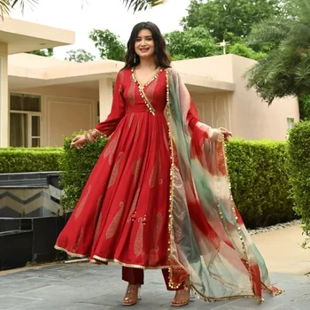 Роскошное платье Anarkali с V-образным вырезом, Курти-брюки Dupatta, Индийское платье Diwali, Женские шаровары