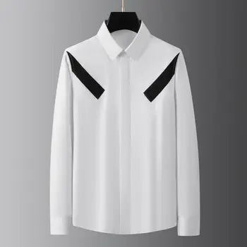 Бренд 2023, осенние черно-белые рубашки для мужчин, модные повседневные деловые рубашки в стиле пэчворк с длинным рукавом, Социальная уличная блузка