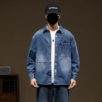 Мужская осенняя новая джинсовая рубашка большого размера, пальто из джинсовой ткани с сильной стиркой, мужская свободная простая рубашка из 100% хлопка