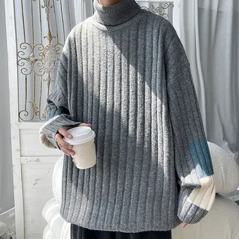 Мужской свитер с высоким воротником в полоску, Винтажный модный Красивый Свободный повседневный свитер, зимний мужской теплый вязаный пуловер, свитер