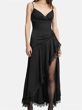 CHRONSTYLE Сексуальное женское платье с разрезом сбоку, без рукавов, с V-образным вырезом, Кружевное длинное платье в стиле пэчворк, Летняя коктейльная вечеринка, Vestido 2023