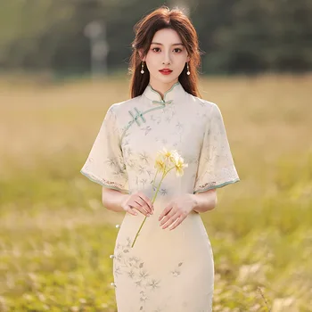 2023 женщин бежевые долго cheongsam свободные рукава летнее платье цветочные старинные тонкий удобные вечерние свадебные платья от S до XXL