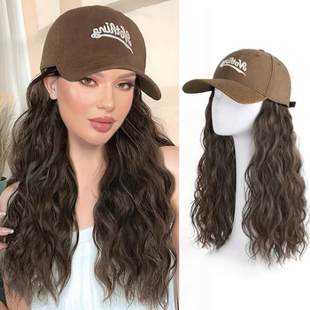 Шляпа Синтетический парик женские длинные волосы цельный женский модный ленивый слегка вьющийся волос бейсболка парик полный головной убор