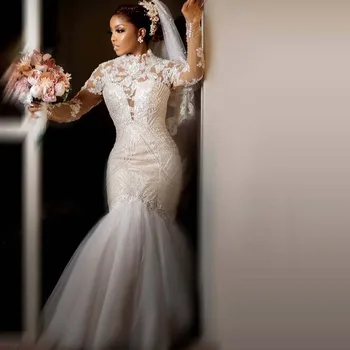 Винтажные свадебные платья Русалки с высоким воротником и длинными рукавами, шлейф из жемчужных бусин, Африканские свадебные платья большого размера Vestidos De Novia