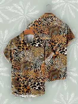 Высококачественная Мужская Рубашка Летние Лоскутные Топы С Леопардовым Принтом И Коротким Рукавом Camisas De Hombre, Повседневные Рубашки для Мужчин, Большие Размеры, Пляжные