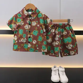 Летний комплект одежды с лацканами для маленьких мальчиков, детская модная рубашка с короткими рукавами в цветочек, топ и шорты, низ, костюм из 2 предметов, детская пляжная одежда