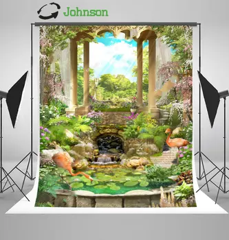 Винтажная арка с цветами, беседка, пруд с фламинго, Водопад, Садовые фоны из полиэстеровой или виниловой ткани, компьютерная печать на фоне стены