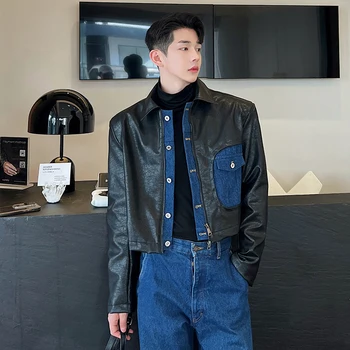 Нишевый дизайн, джинсовая куртка из искусственной кожи в стиле пэчворк, мужская повседневная индивидуальность, уличная одежда 2023, новый стиль, chaquetas cuero para hombre