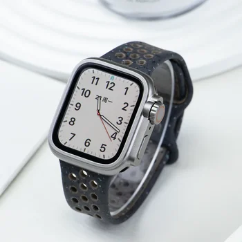 Ремешок с Цветными Частицами для iWatch 9 8 7 6 5 SE, Водонепроницаемый Чехол + Оригинальный Спортивный Резиновый ремешок для Apple Watch Band 41 45 40 44 мм