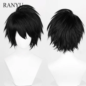 RANYU Черный синтетический короткий прямой парик для мужчин и женщин, аниме, косплей, термостойкий парик для вечеринки