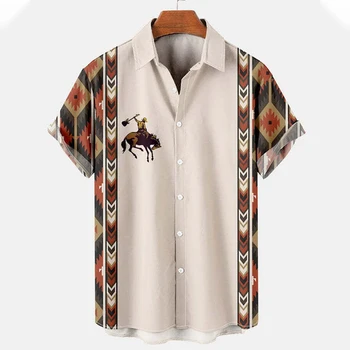 Летняя рубашка для мужчин, Винтажная Мужская одежда с этническим принтом, повседневная Простая футболка с коротким рукавом, Ковбойская блузка на пуговицах, уличная одежда