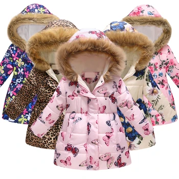 Пуховики для девочек с детским принтом плюс плотная бархатная верхняя одежда, детская одежда, осень-зима, теплые пальто с меховым воротником и капюшоном, новые