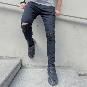 Новые мужские рваные джинсы-скинни в стиле хип-хоп, мужские стильные джинсовые брюки-карандаш с дырками