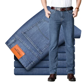2023 Прямые джинсовые брюки Мужские брюки сине-серые Классические мужские деловые брюки обычной посадки Стрейчевые джинсы
