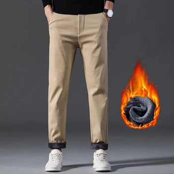 2023 Зимние Теплые повседневные брюки из толстого флиса, мужские хлопчатобумажные брюки с прямыми штанинами, свободные деловые длинные брюки с микроэластичностью