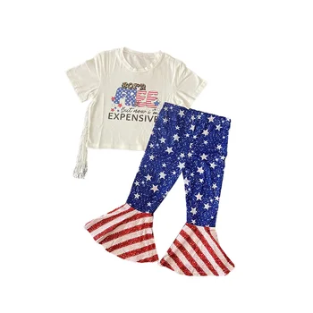Оптовая продажа детской одежды 4 июля, модные брюки-клеш в красную полоску со звездами для девочек, наряды