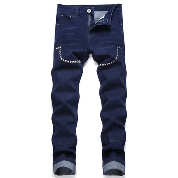Новый пэчворк-коллаж в европейско-американском стиле в стиле панк, синие узкие прямые мужские джинсы, простые модные джинсы