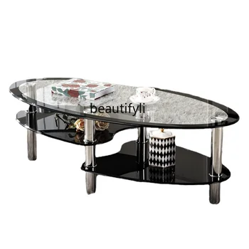 Овальный журнальный столик из закаленного стекла, Креативный чайный столик из нержавеющей стали, гостиная, офис, Простой стол