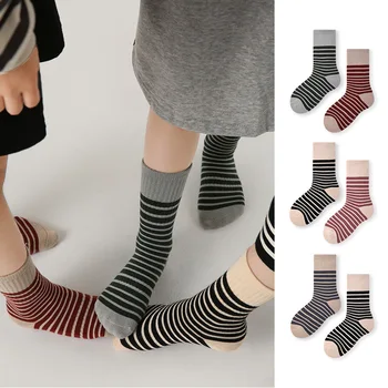 Детские осенне-зимние носки для мальчиков и девочек от 3 до 12 лет, Хлопковые носки в полоску в стиле ретро, носки для телят