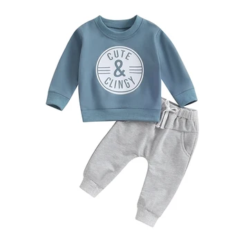 Комплект штанов для маленьких мальчиков, толстовка с круглым вырезом и буквенным принтом с длинным рукавом и эластичным поясом, спортивные штаны, одежда для младенцев
